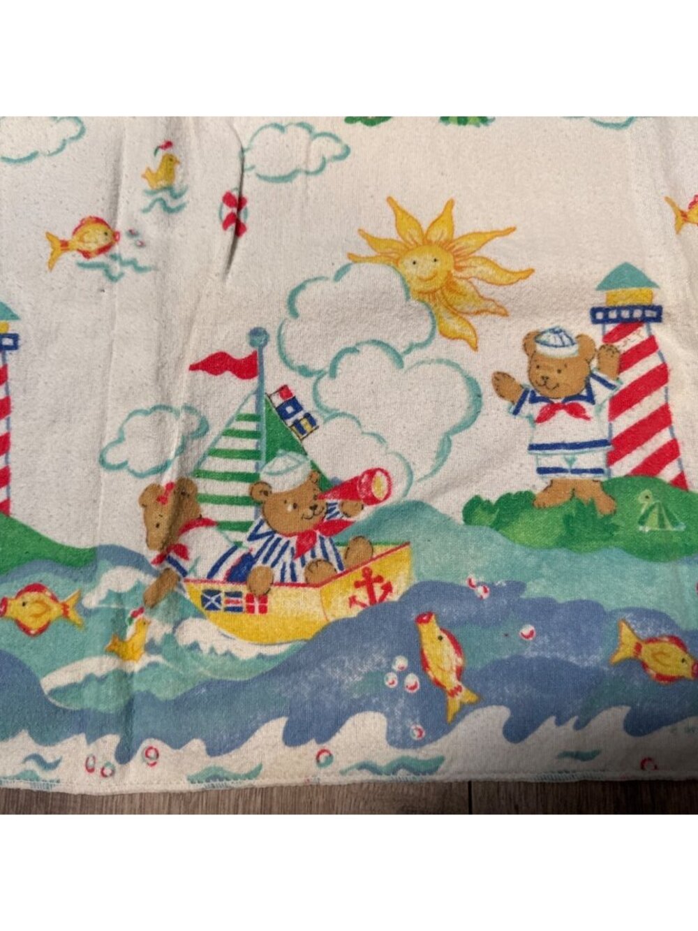 Vintage Riegel Nautical Baby Towel With Bears Lighthouses & Fish 30"x40" 100% Co